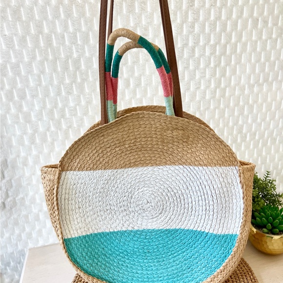 Time & Tru Circle Straw Handbag 15.5" - Beach Summer - Picture 3 of 10